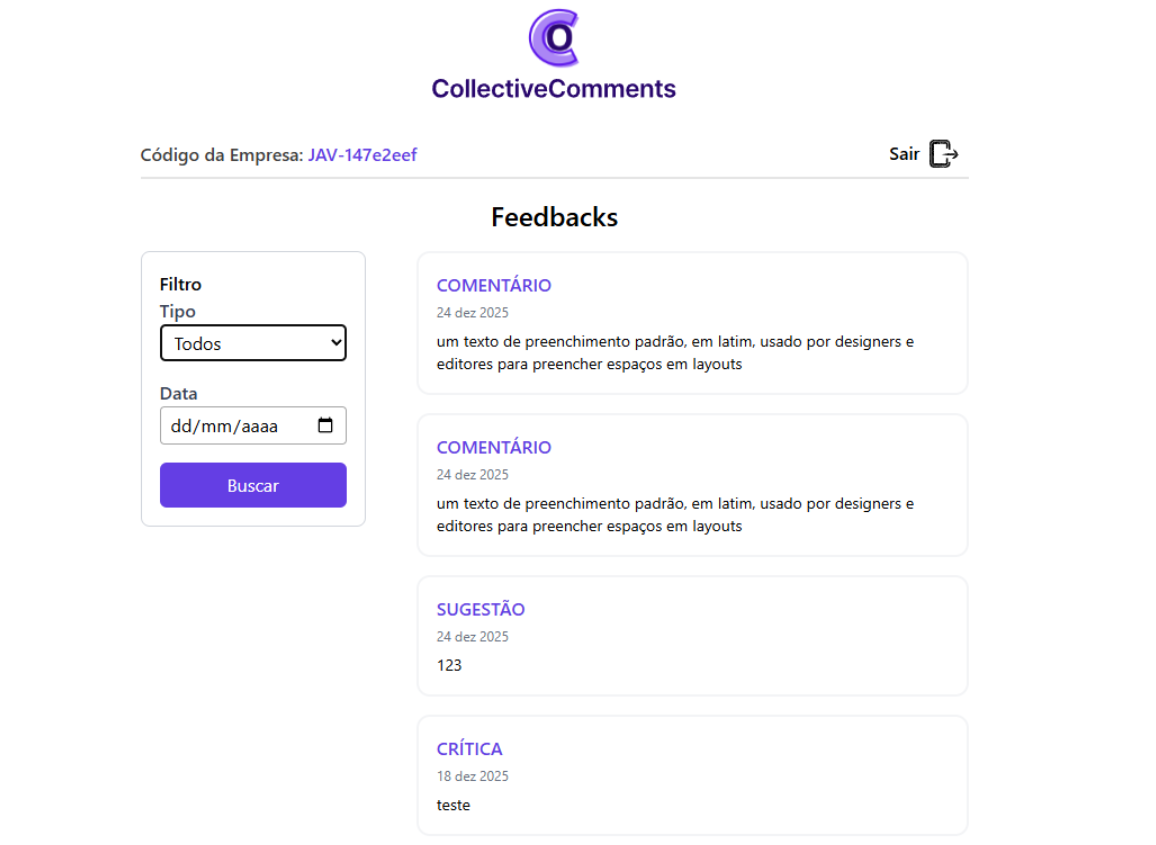 Área de feedbacks e filtros